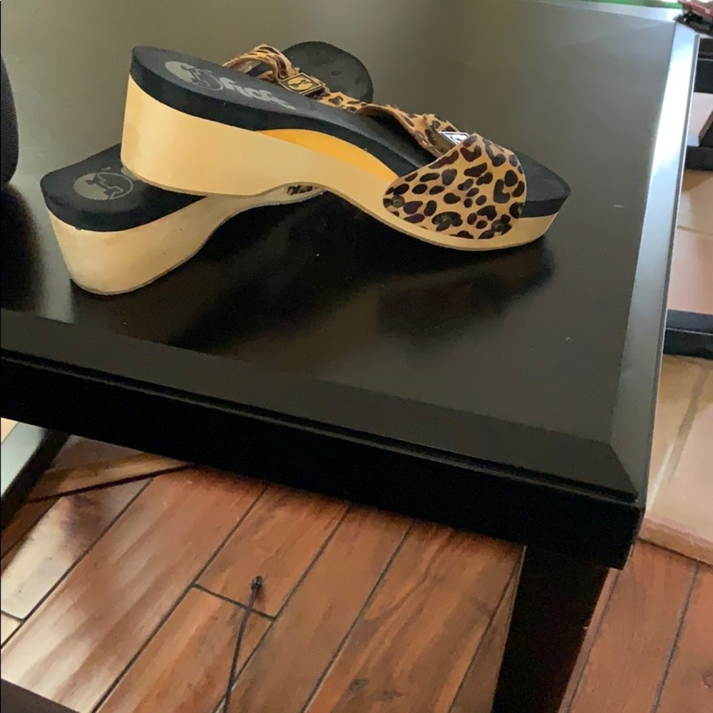Flogg animal print platform slides/wedge slides.